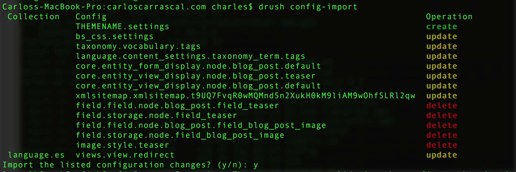 Ejemplo de drush config-import